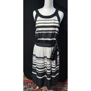 Ann Taylor Black/White Stripe Sleeveless Dress Tie belt  8